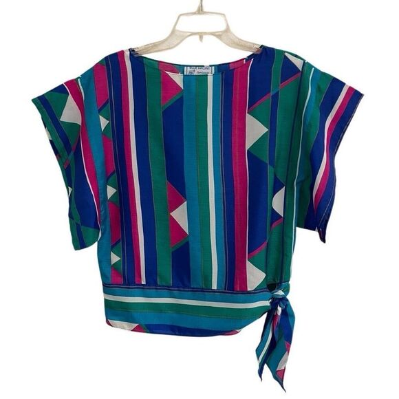 Vtg Blue Hawaii Blouse Womens S boxy bright multicolored side tie kimono sleeves - Picture 2 of 8